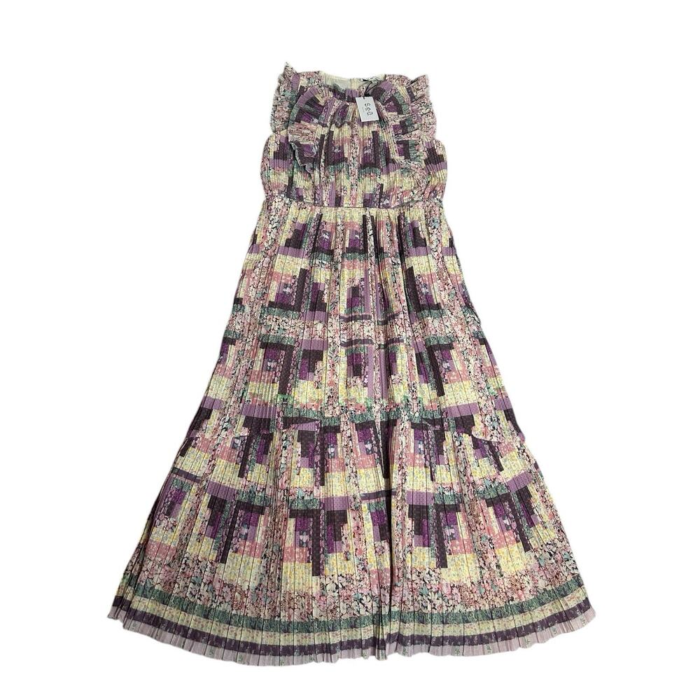 NWT Sea New York Naya Pleated Patchwork Floral Maxi Dress Ruffle Neck Boho S